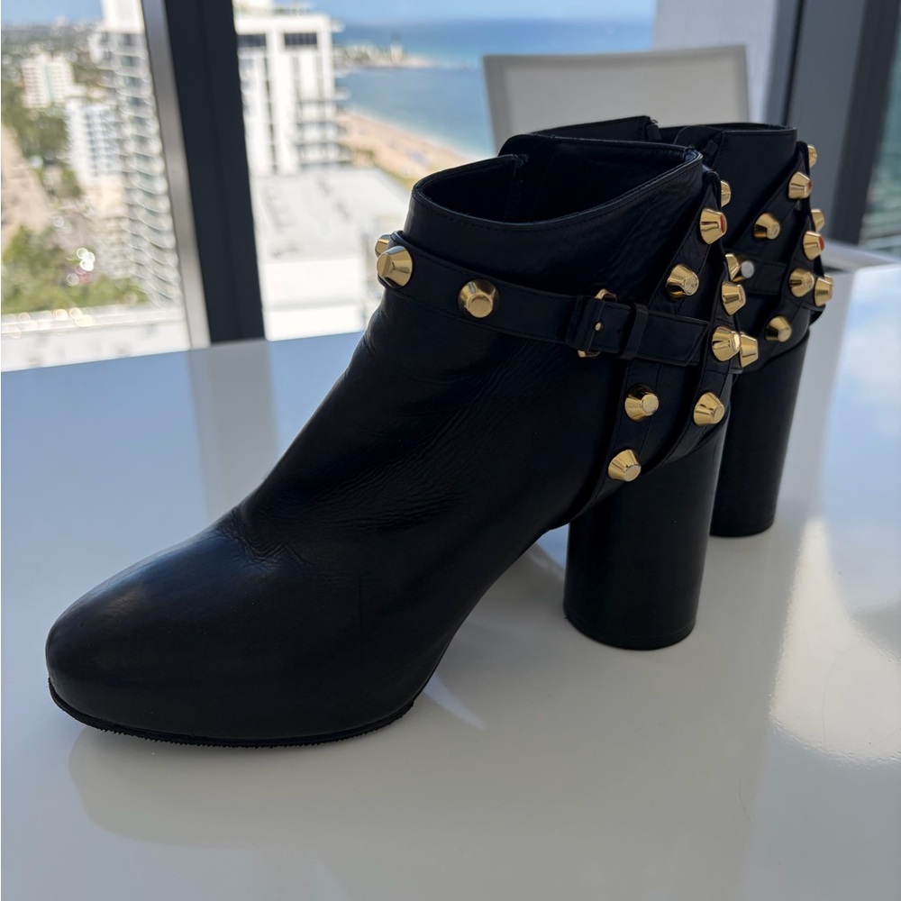 Balenciaga Black Heeled Boots with Gold Studs